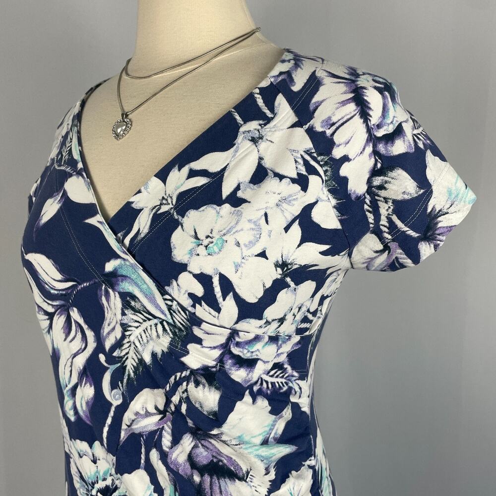 Soft Surroundings Shapely Faux Wrap Dress Medium Blue Floral Cotton Stretch Boho - Picture 5 of 12